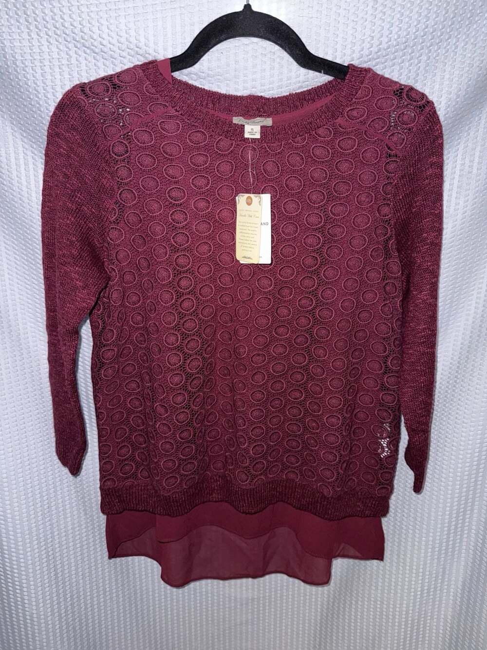 Lucky Brand Women's Size S Burgundy Crochet Knit Layered Back Button Sweater